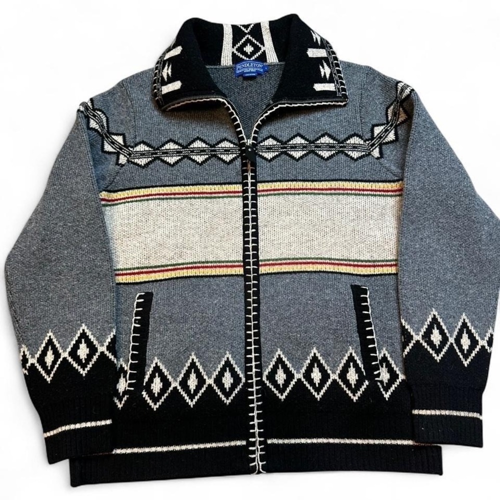 Pendleton Aztec Cardigan Women Large Wool Tribal Western Full Zip Sweater